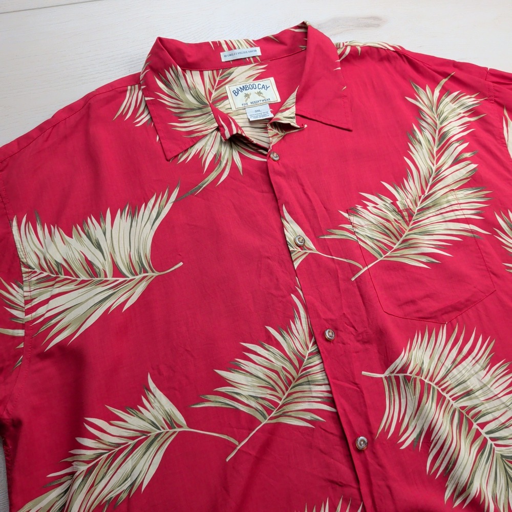 Bamboo Cay‎ Hawaiian Camp Shirt Mens 3XL Red Tropical Palm Leaf Viscose Rayon